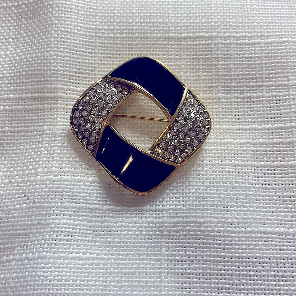 Vintage FAC Butler Brooch: Rhinestones and Black Enamel - Designer Signed